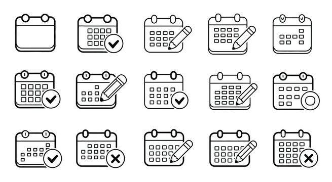collection of calendar icons in various layouts and styles for design projects vector illustration set, modern planner symbols, schedule organization elements, minimal UI interface concept.
