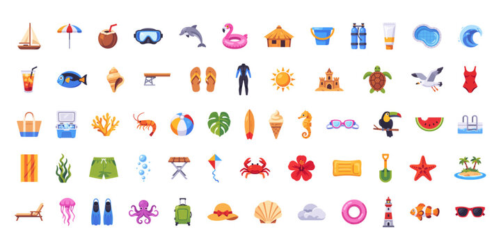 Set of summer vacation and beach holiday icons for seasonal travel, colorful collection with illustrations
