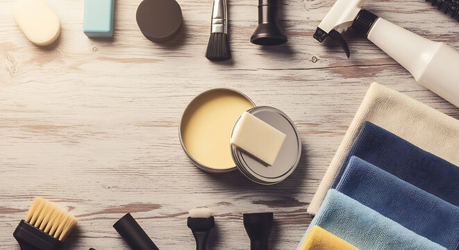 Car detailing supplies on wooden table top view including wax brushes microfiber cloths and spray bottle