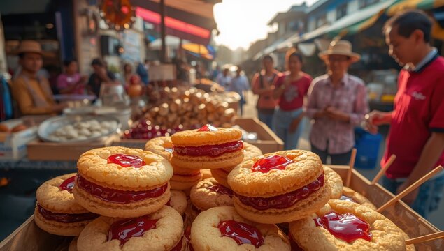 Malang City, East Java, Indonesia - March 6th, 2026. Cookies with a shortbread outer layer and filled with raspberry or strawberry jam.