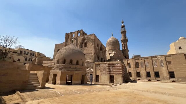 A view from the historic Amir Khayrbak Funerary Complex in Cairo, the capital of Egypt. It contains a mosque, a madrasa, and tombs. It is a Mamluk-era structure.