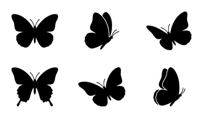 Six Black Butterfly Silhouettes, Vector Icons, Insect Wing Shapes, Elegant Flying Moth Graphics, Nature Elements, Graphic Resources © Ruma