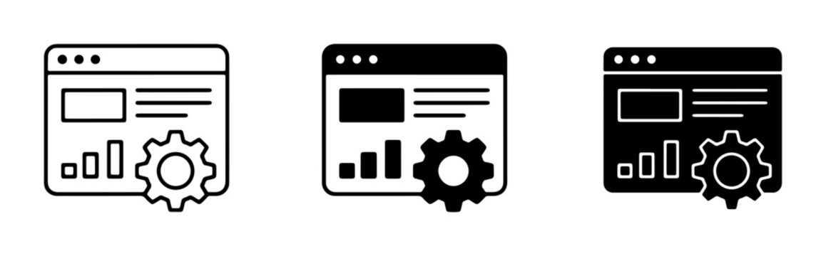Web Analytics Settings Icons, Data Analysis Gear, SEO Optimization Tools, Website Performance Monitoring Graphics
