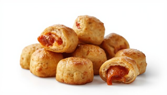 A portion of small pizza rolls on a white backdrop.