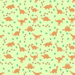Vector seamless pattern featuring orange dinosaur silhouettes, green leaves, and brown footprints on a light green background. Perfect for kids' apparel, nursery decor, and scrapbooking © John_Doo78