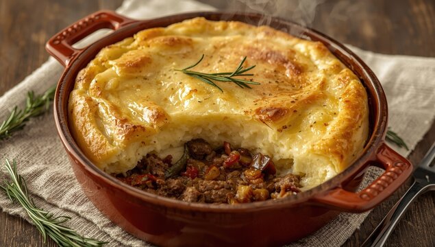 A satisfying meal of ground meat covered with smooth mashed potatoes and baked.