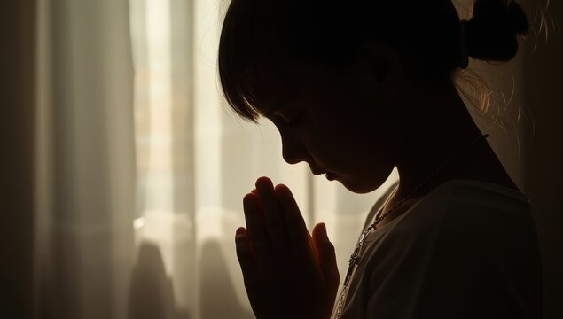 A young Catholic girl prays with her hands clasped and a rosary around her neck.