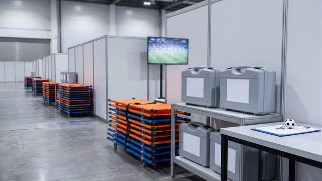 Sports event logistics storage area with folded stretchers, medical equipment cases, clipboard and football keychain for stadium operations, emergency planning and venue management