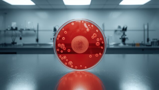 A Petri dish containing Agar-Blood medium hosting Methicillin-resistant Staphylococcus aureus (MRSA) culture.