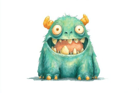 A fluffy, teal-colored cartoon monster with wide eyes, sharp teeth, and stubby horns grins mischievously, captured in a whimsical illustration perfect for creative projects.