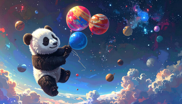 Panda tenant des ballons dans l'espace