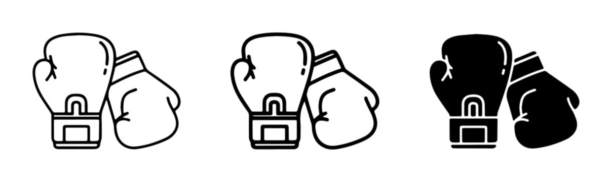 Boxing Gloves Vector Icons, Combat Sport Equipment, Punching Gear, Fight Symbol, Black and White Outline Set