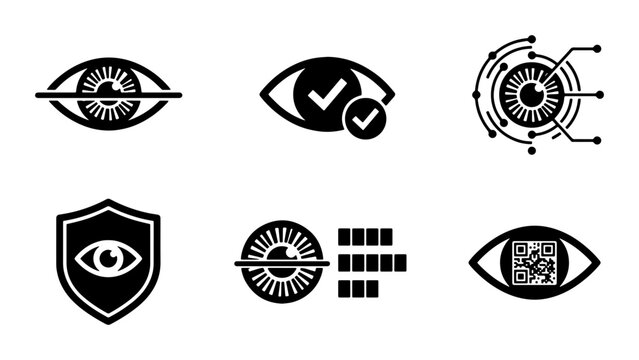 Biometric Eye Scan Icons: Security, Verification, and Technology Concepts. Set of 6 Vector Symbols.