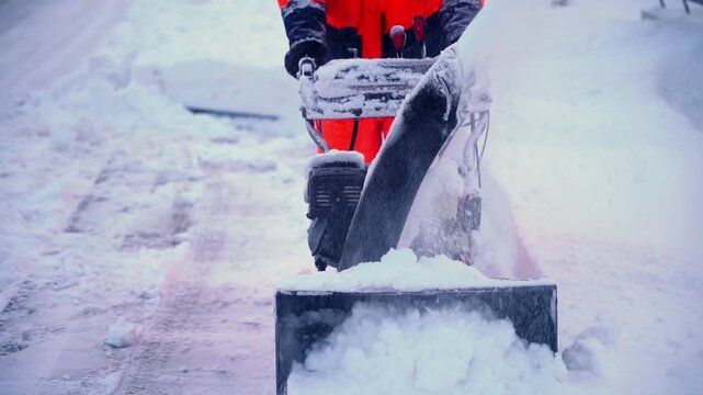 Snowblower clears path in heavy snowfall. Worker in red jacket pushes machine forward. Snow sprays high into air as blade turns. Scene shows hard winter work and grit. Perfect for winter weather