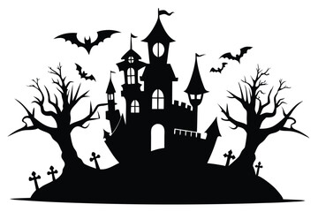 halloween spooky castle silhouette line art vector illustration © kanchanrani