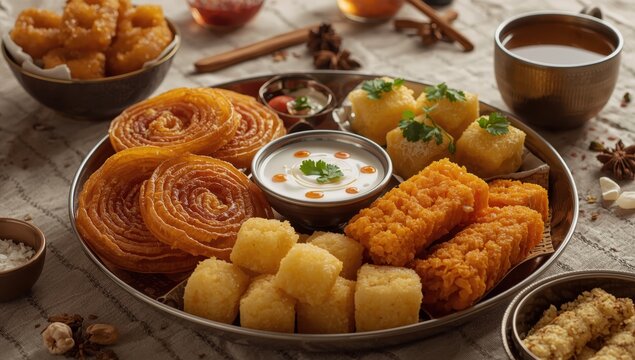Assortment of Gujarati snacks paired with hot tea.
