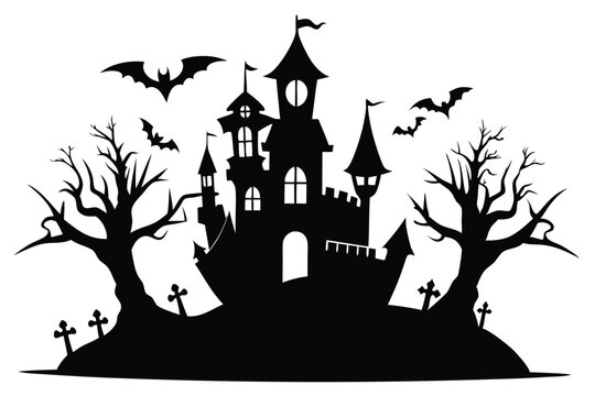 halloween spooky castle silhouette line art vector illustration