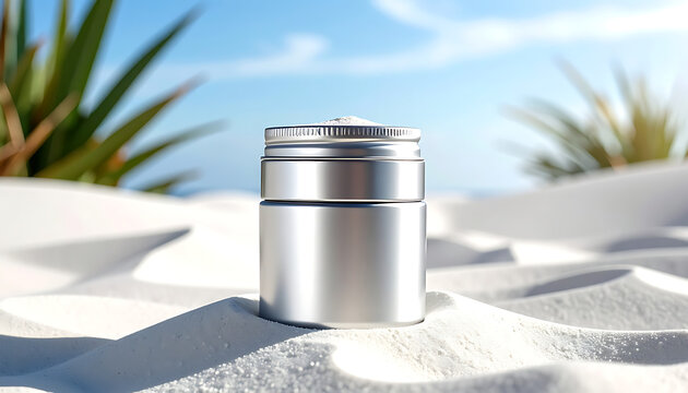 Isolated metallic cylindrical container with textured lid on soft white sand, tropical plants and blue sky background, summer vacation concept