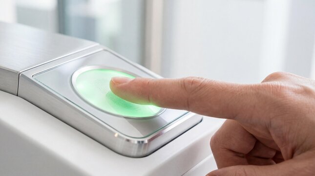 Biometric fingerprint scanner with finger authentication on green glowing sensor