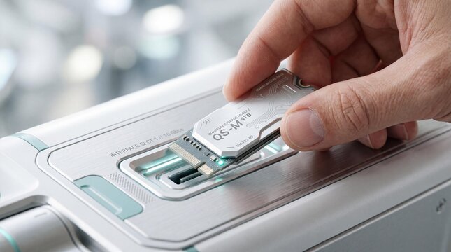 Person inserting ssd module into computer interface slot close up