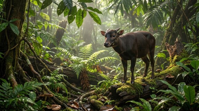 A miniature forest dwelling anoa standing alert amid lush tropical vegetation, capturing a stunning 52 gigapixel level of detail in this cinematic widescreen capture of a rare wild animal encounter.