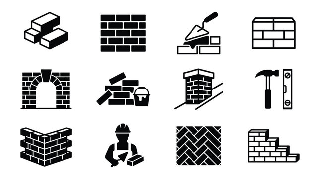 Silhouette icons for bricklaying and construction