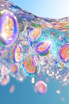 Abstract microscopic view of virus particles floating in clear liquid. Medical representation of bacteria cells suspended in water. Research concept for biology and science laboratory.