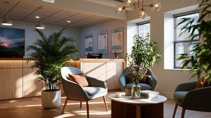 Fototapeta premium Private clinic reception waiting room with comfortable chairs, medical posters on the wall and soft welcoming light