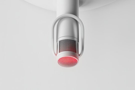 A sleek silver robotic arm extends downward with a red glowing end effector.