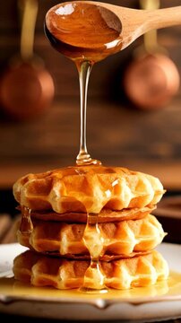 Golden syrup dripping over warm stack of waffles