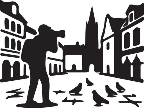 Tourist photographer taking pictures in old town european city square silhouette vector