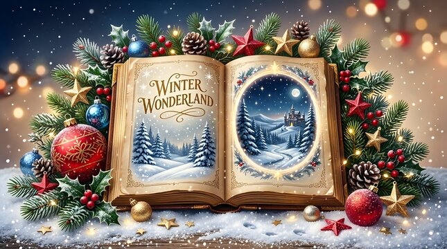 Open storybook reveals winter wonderland scene with holiday decorations