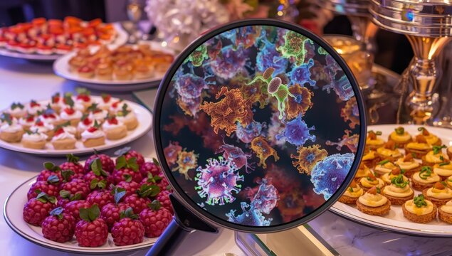 Catering. Enlarged lens showcasing fake germs, viruses, bacteria, and food allergy ideas. Assorted canap&eacute;s on a buffet.