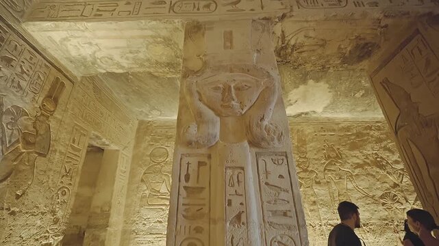 4k footage of Interior view of the famous abu simble temple that is decorated with gods figures and hieroglyphs in aswan in Egypt. 
