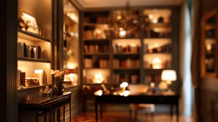 Fototapeta premium Cozy Home Library with Warm Lighting and Floor-to-Ceiling Bookshelves