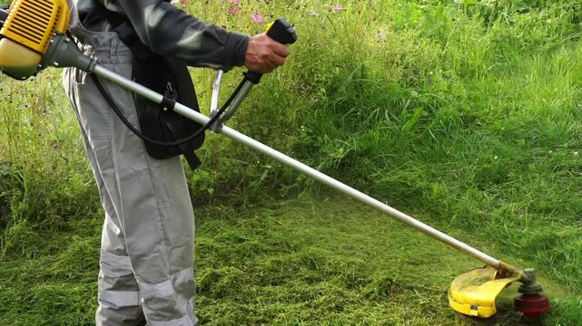 Man cuts tall grass with motorized trimmer. Green field stretches beyond the trimmer's path. Yellow machine moves steadily through dense weeds. Worker wears protective gear for safety