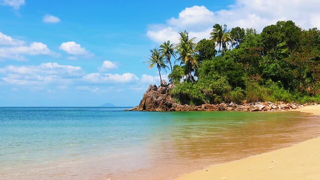 Tropical paradise sandy beach at Koh Tao island, Koh Samui, Koh Lanta, Thailand. Beach Holiday in Thailand. Tropical Thai beach on sunny day.