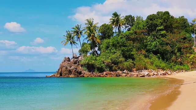Tropical paradise sandy beach at Koh Tao island, Koh Samui, Koh Lanta, Thailand. Beach Holiday in Thailand. Tropical Thai beach on sunny day.