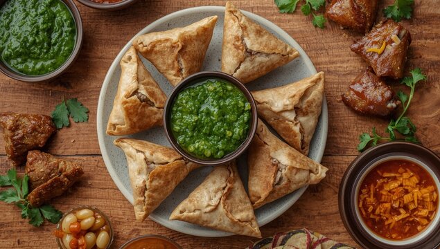 Chicken and cheese samsa on a wooden surface. Aerial perspective.