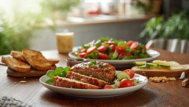 Chicken loaf with salad and toast. Nutritious meal.