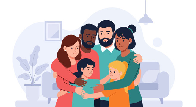 Diverse family hugging in living room, representing unity and love