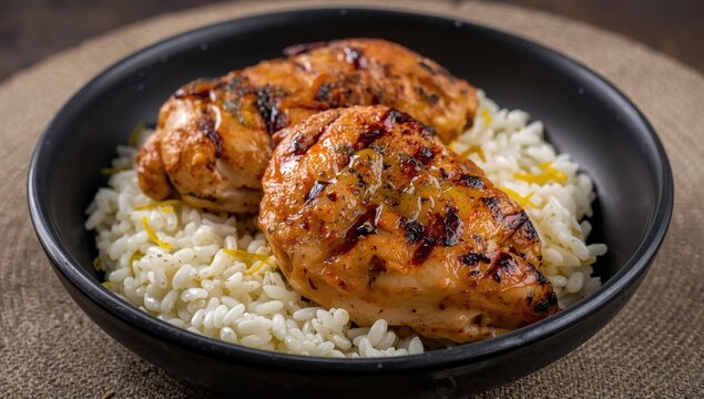Chicken thighs grilled and served with rice in a dark bowl.