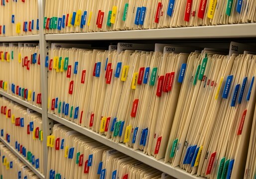 Organized manila folders with colorful tabs in a professional archive office with bright clinical lighting.