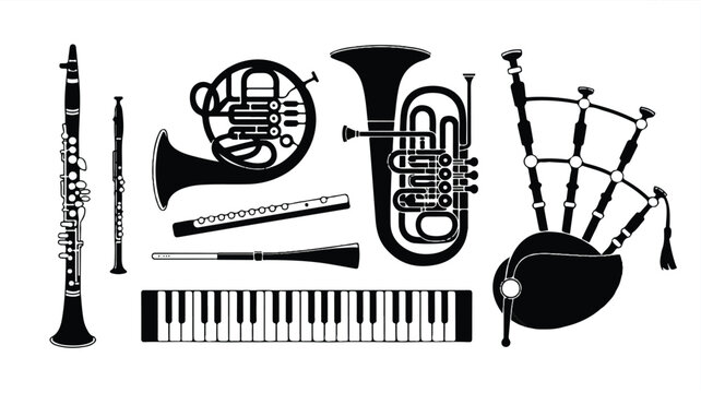 Various musical instruments for orchestra and music band  tuba french horn piano