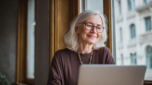Senior Woman Working on Laptop at Sunlit Cafe Window with Glasses and White Hair