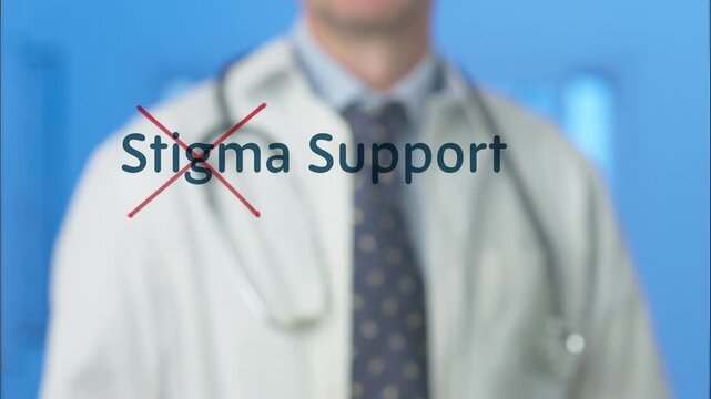 Medical professional crossing out the word stigma with a red marker, symbolizing the fight to remove prejudice and promote compassionate, nonjudgmental mental health care