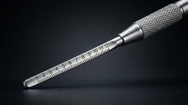 Professional dental periodontal probe tool with precise millimeter markings for measuring gum pocket depths and diagnosing periodontal disease in a clinical dentistry office on dark background. 