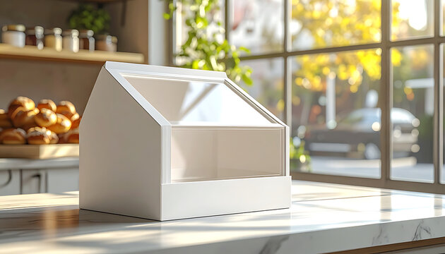 Empty white bakery display box on a kitchen counter, with blurred background of baked goods and window view, ideal for food packaging mockups