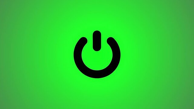 Power button symbol animation on green screen with metallic shine effect and seamless loop footage