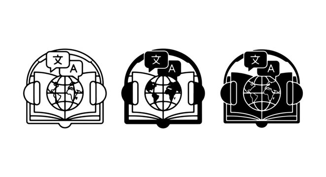 Language Translation Icons Set, Global Communication Symbols, Digital Learning Resources, Audio Translation Concepts, Book and Globe Graphics